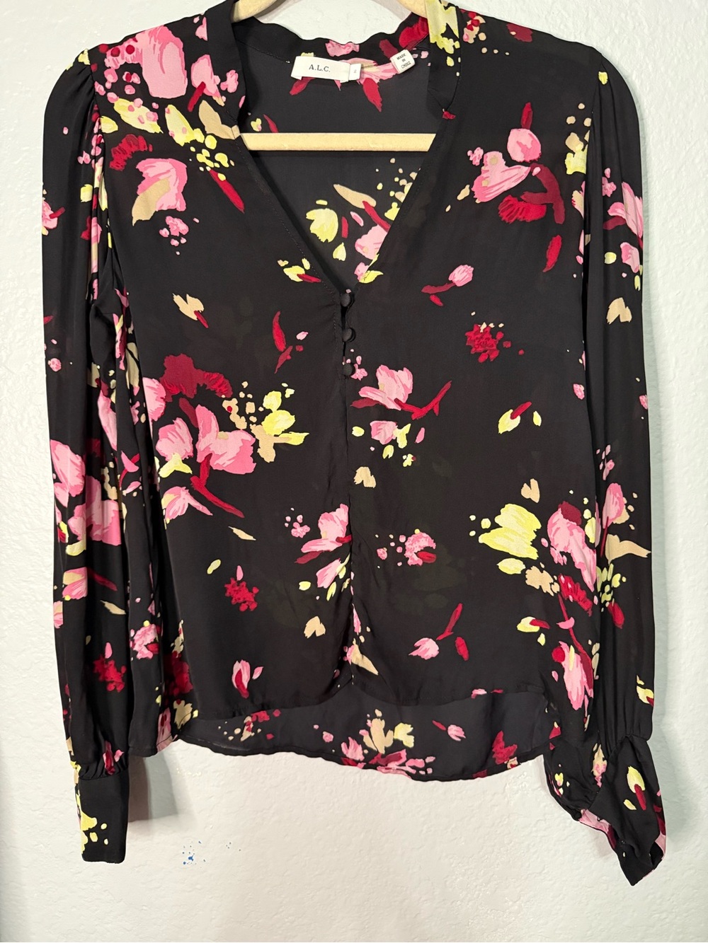 A.L.C. Black Floral V-Neck Blouse with Pink & Yellow Accents